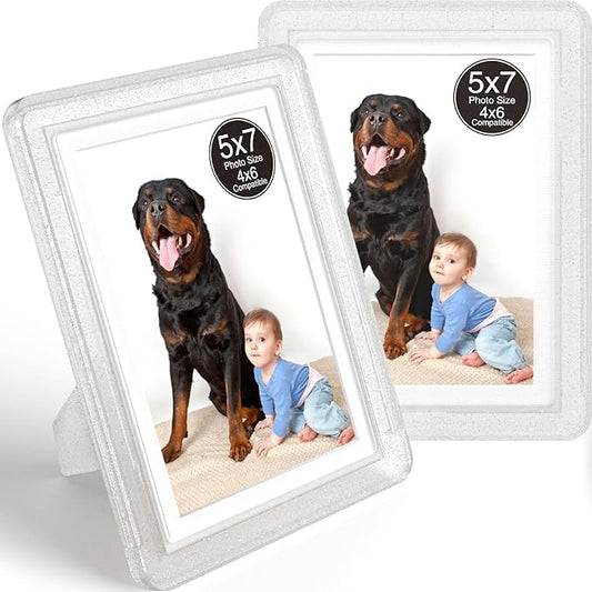 2-Pack 5x7 Picture Frame or 4x6 with Mat – Shatterproof Plastic Picture Frames for Family, Nursery & Playroom, Wall & Tabletop Frame for Home or Office, Safe Lightweight Design, Crystal Silver