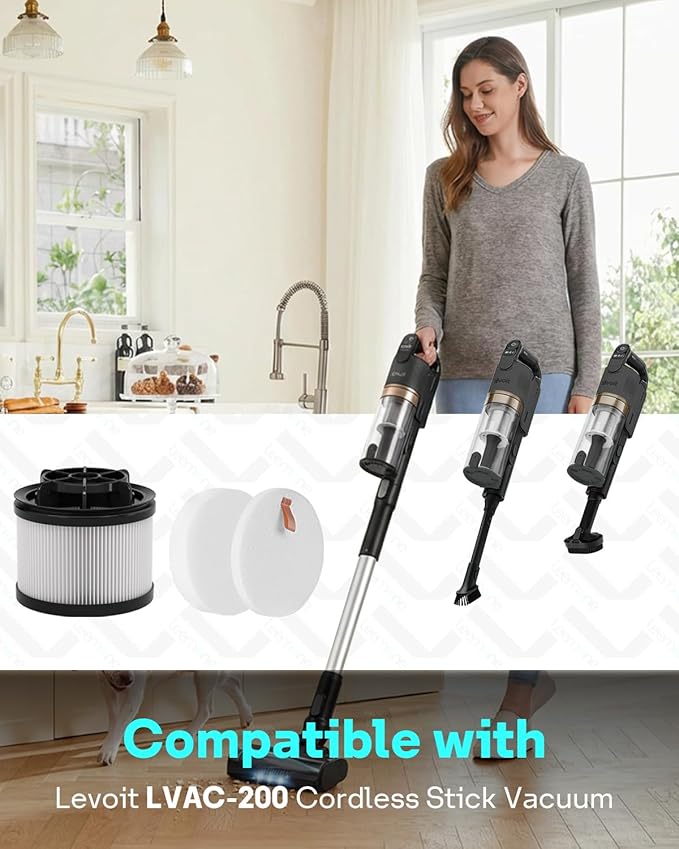 Leemone 18 PCS LVAC-200 Vacuum Filter Replacement, Compatible with Levoit LVAC-200 Cordless Stick Vacuum Cleaner (Model No. LSV-V201-WUS), 8 Pre-Motor Filters and 2 Post-Motor Filters