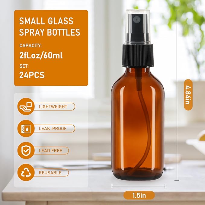 60ml Glass Spray Bottles with Fine Mist Sprayer 24Pack, Small Amber Glass Spray Bottles 2 oz for Perfumes,Cleaning Products,Pet Spray (2fl.oz, Set of 24)