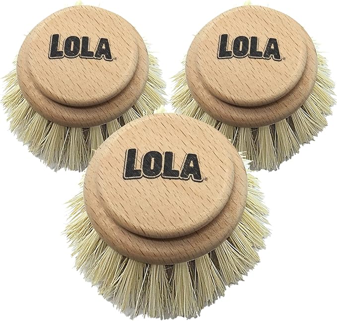 LOLA Replacement Heads for The Original Pot & Pan Brush, 3 Pack, Brass Wire & Tampico Bristles, Birch Hardwood, Heavy Duty Cleaning