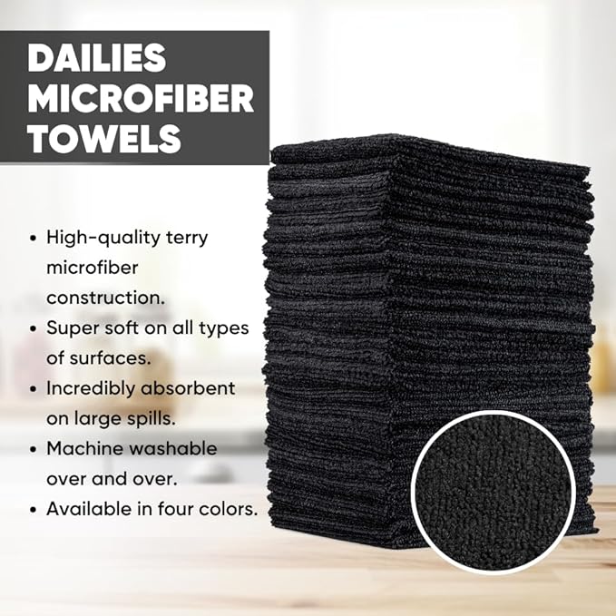 Dailies Microfiber Cleaning Cloths | 60-Pack (Black) 12"x10" | Fits TowelNest Dispenser | Reusable, Absorbent, Washable | Eco-Friendly Paper Towel Alternative
