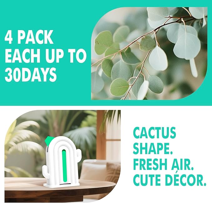 Air Freshener for Home, 2 Pack, 2 Refill, Eucalyptus Scent, Odor Eliminator, Up to 120 Days, Cactus-shaped Freshener for Closet Bathroom, Cute Home Decor, White
