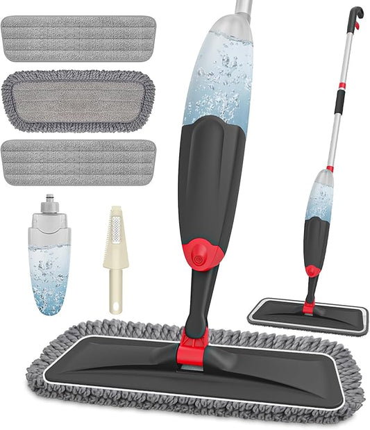 HOMTOYOU Microfiber Hardwood Floor Mop: Dust Spray Mops for Cleaning Wood Home Kitchen Floors - Wet Mopping & Dry Sweeping - 3 Reusable Refills & 1Pcs 400+ML Refillable Bottle