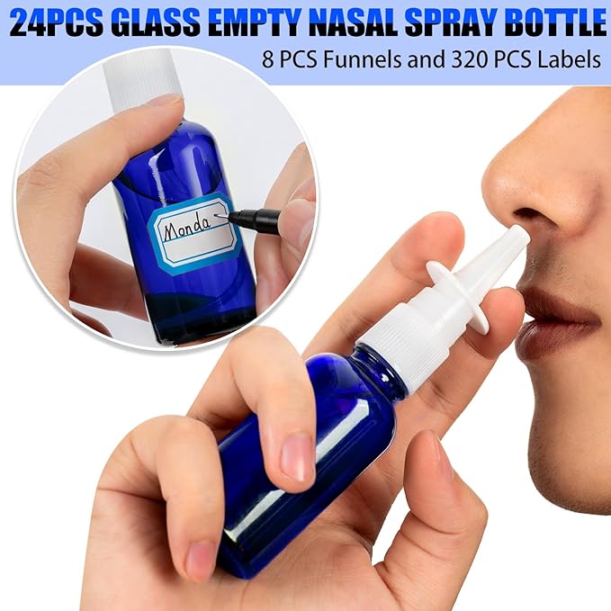 40 Pcs Nasal Spray Bottles, 30ML/1oz Blue Glass Refillable Fine Mist Empty Nasal Spray Bottle with 8 Pcs Funnels and 8 Pcs Labels…