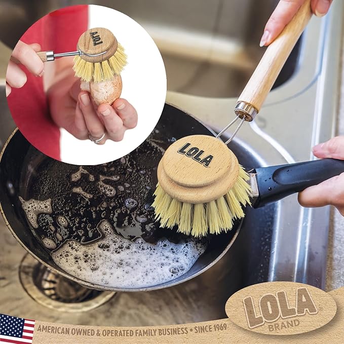 LOLA - The Original - Tampico Vegetable & Dish Wood Brush, 3" Head, Sustainable, Tampico Bristles, Easy Head Only Replacement, 1 Pack