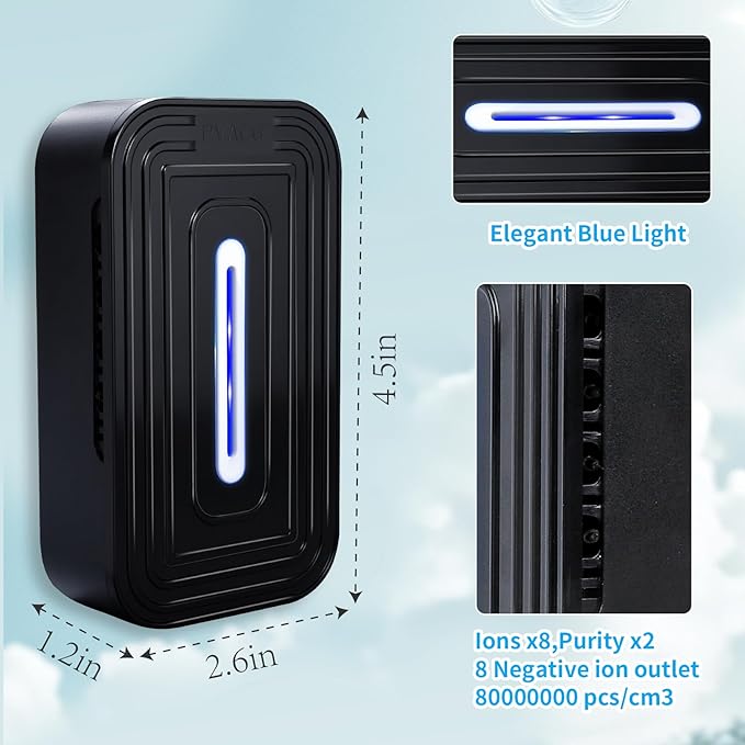 2 Pack 8-Emitter Negative Ion Air Purifier, Plug in Ionic Air Cleaner with Blue Light Quiet and Energy Saving Air Ionizers for Home Office Bedroom Bathroom Living Room and Pet Room(2,Black)