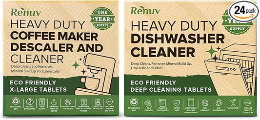 Renuv Dishwasher Cleaner + Coffee Maker Cleaner Bundle - Heavy Duty Kitchen Appliance Deep Cleaning, Descaling, (12 Tablets of each)