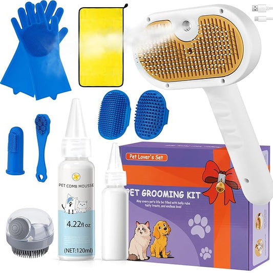 Pet Steam Brush for Dog & Cat shower bath brush Grooming Comb with Spray, Defur Tool, Water-Free Shampoo, Bath Gloves,Bath Brush, Tooth & Ear Brush, Towel (11PCS)