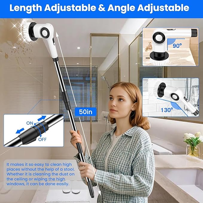 Electric Spin Scrubber, Cordless Power Shower Scrubber with 7 Scrub Brush, 3 Speeds, Adjustable Extension Handle, IPX7 Waterproof Electric Cleaning Brush for Bathroom Tub Tile Kitchen Car- White