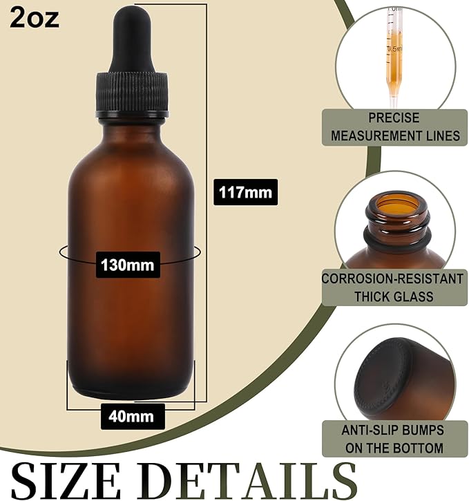 24 Pack, 2oz Glass Dropper Bottle, Preety Texture Tincture Bottles with Precise Scales Eye Droppe, for All Kinds Of Mixed Liquids,Leak-Proof Design for Easy Travel (Amber Frosted)