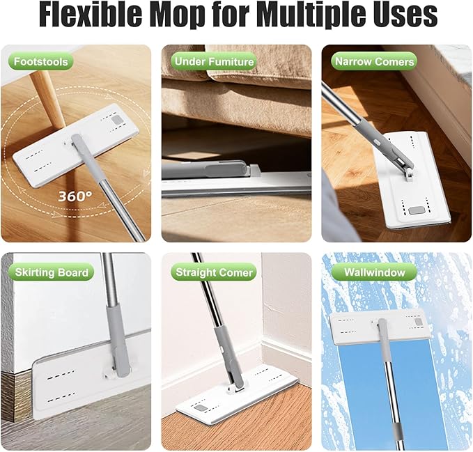 Flat Floor Mop and Bucket Set with Wringer, Flat Mops for Floor Cleaning, Wall Mop Cleaner with Long Handle, Hardwood Floor Mop with 3 Microfiber Pads (F)