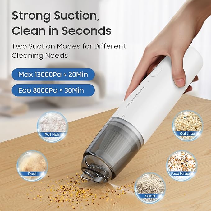 A9life Handheld Vacuum Cordless, Car Vacuum Cleaner Portable with HEPA Filter, 2 Suction Modes, Mini Hand Held Vacuum Rechargeable for Car, Home, Pet Hair, Office, Desk, Keyboards (White)