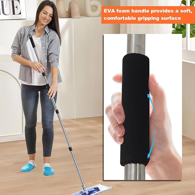 Xifando Mop Handle Replacement - 4-Section Adjustable from 30" to 58" - Durable Stainless Steel Mop Pole with American Thread Joint for Spin Mops & Brooms (Black)