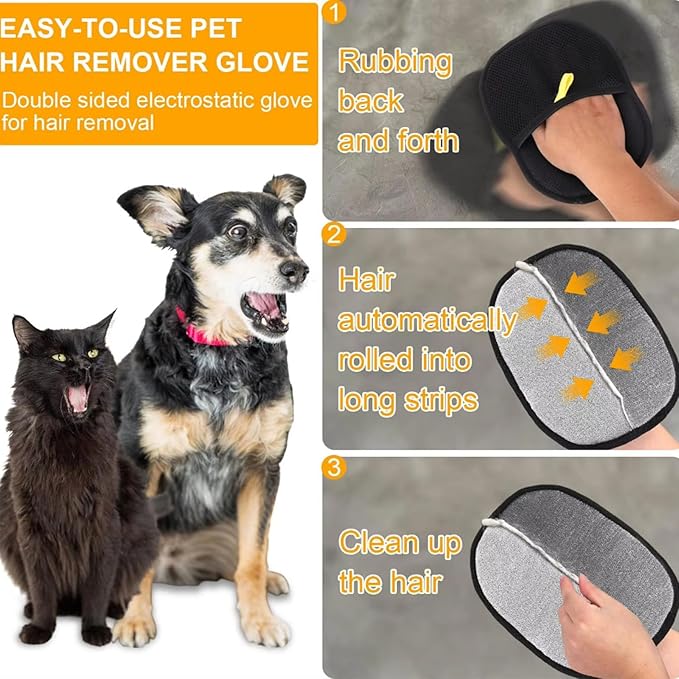 Ruovselz Pet Hair Removal Glove for Dogs & Cats | Reusable Electrostatic Grooming Glove | Double-Sided Pet Hair Remover for Clothing, Couch, Carpet, Car Seat | Comfortable & Adjustable Fit