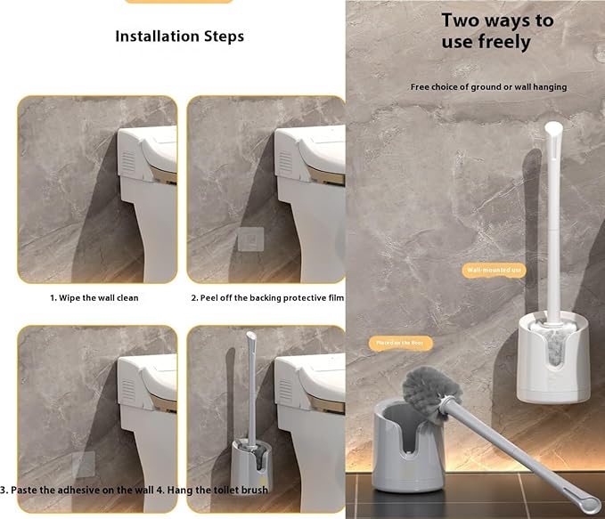 Wall Mounted Toilet Brush Set with No-Drill Adhesive & Drip-Free Tray Space-Saving Toilet Cleaning Brush Holder Deep CleansNoMessStorageSlides Under Sinks (Black)