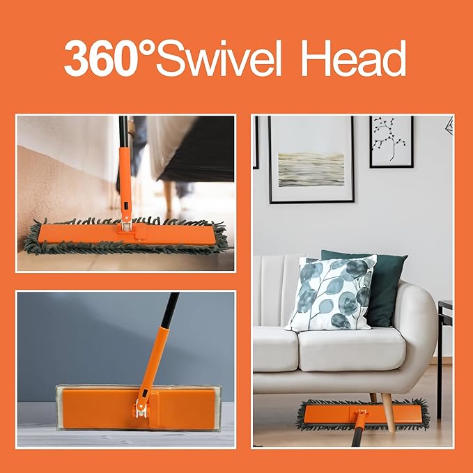 JEHONN Dust Mop for Hardwood Floors, Broom Duster with Unique 90° Foldable Panel, 2 Chenille and 2 Microfiber Pads, Dry Wet Flat Dustmop for Cleaning Vinyl, Laminate, Tile, Marble (Orange)