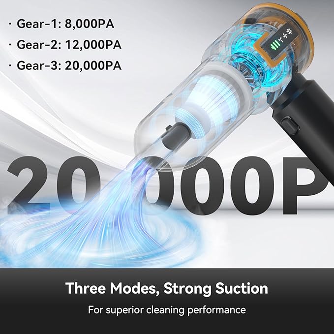HRYCF Car Vacuum with LED Digital Display,20000PA Advanced Clean Cordless Handheld Vacuum, 4-in-1 High Power Portable Rechargeable Vacuum Cleaner with Brushless Motor