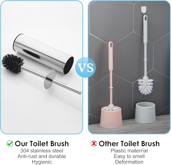 Kelirol Toilet Brush and Holder Set Chrome Stainless Steel, 304 Heavy Duty Round Toilet Brush Set – Rust Resistant, Long Handle, Replacement Heads, Floor Standing Bathroom Toilet Cleaning Brush
