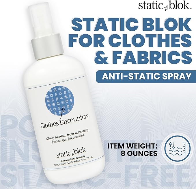 Anti-Static Spray for Clothes - Instantly Eliminate Static Cling, Flyaways, and Shocks from Clothes, Fabrics, Linens, Blankets & Rugs- All-Natural Formula - Lasts All Day- 8oz