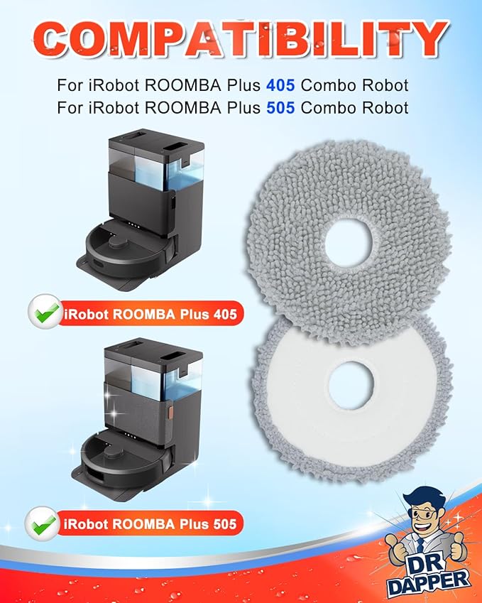 8 Pcs Replacement Mop Pads Compatible with iRobot Roomba Plus 405 Combo Robot 505 Combo Robot, Vacuum & Mop Replacement Parts Accessories Washable Reusable Mop Pads