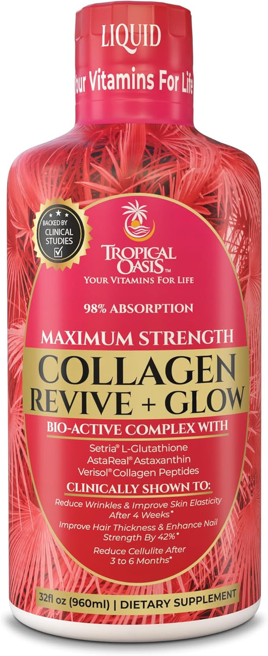 Liquid Collagen Glow for Women & Men | 5000mg VERISOL Collagen Peptides + 12500mcg Biotin | Clinically Tested for Thicker Hair, Brighter Skin, Wrinkles & Stronger Nails | 32 Serv