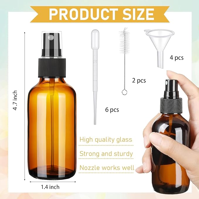 80 Pcs 2 Oz Glass Spray Bottles Fine Mist Spray Bottle Refillable Cosmetic Bottles Empty Small Bottle for Essential Oils Travel Cleaning Solutions Featuring Accessories (Amber)