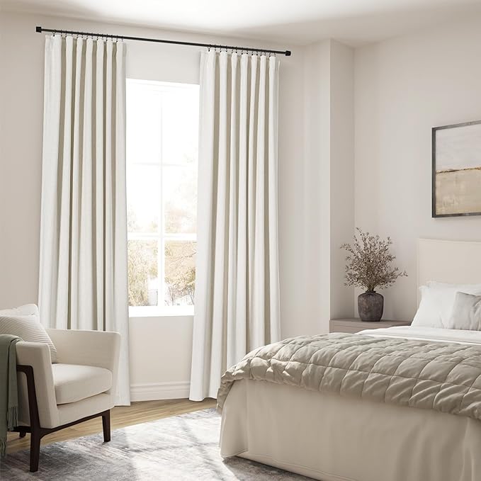 Nanspring Beige White Linen Blackout Curtains 96 Inches Long Back Tab Rod Pocket Sound Absorbing Light Blocking 2 Panels Set for Dining Room Neutral Rustic Modern Farmhouse Curtains Drapes 52x96