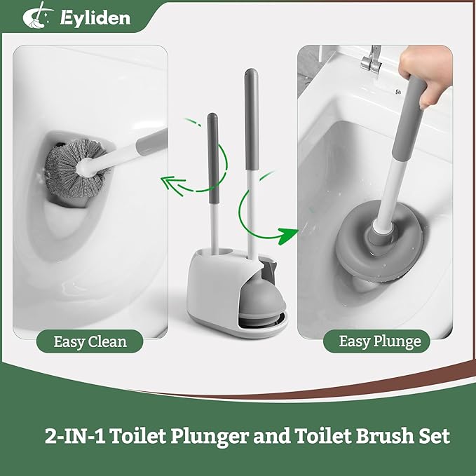 Eyliden Toilet Plunger & Brush Set, Upgrade 3-Step Suction Cup - Ultra-Tight Seal, Durable, Space-Saving Toilet Deep Cleaning Combo with Holder, Bathroom Essentials (1 Pack, White & Grey)