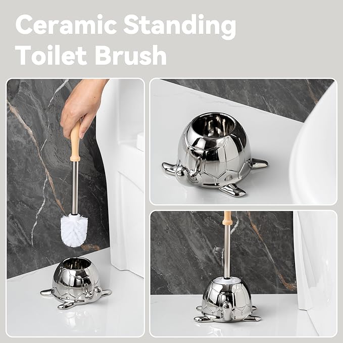 Toilet Brush and Holder Set, Ceramic Turtle Base Toilet Brush Set - 7.5” Bowl Cleaner, Toilet Scrubber Brush with Ergonomic Handle (Silver)