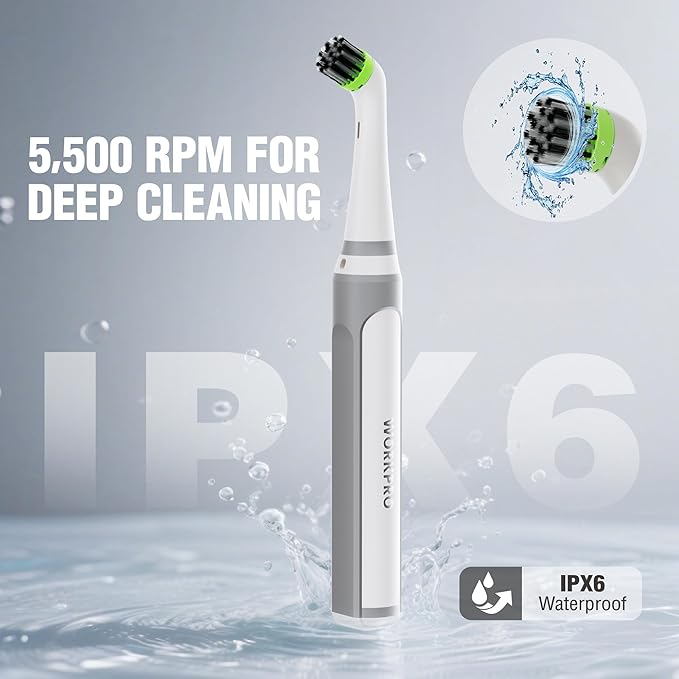 WORKPRO Cordless Grout Brush Set, 5500RPM Power Scrubber, IPX6 Waterproof Electric Scrubber with Type-C Charging Cable and Replaceable Brush Heads for Cleaning Grout, Tiles, Grime, and Crevices