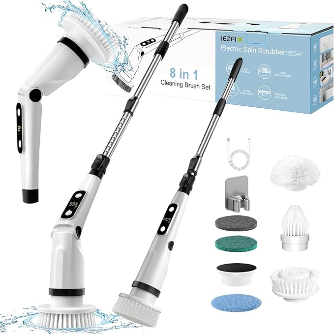 IEZFIX Electric Spin Scrubber, Bathroom Cleaning Brush, Shower Scrubber with Long Handle Adjustable, Cordless Cleaner Brush for Bathtub Kitchen Wall Household Cleaning Helper