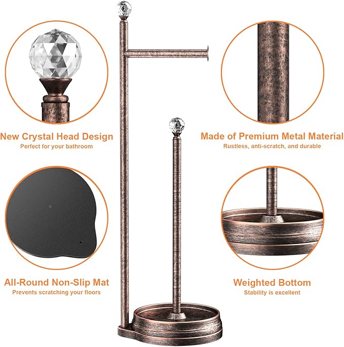 KASUNTO Toilet Paper Holder for Bathroom, Heavy Weighted Metal Free Standing Toilet Paper Holder Stand with Crystal Ball, Toilet Paper Roll Stand for Bathroom Accessories (Oil Rubbed Bronze)