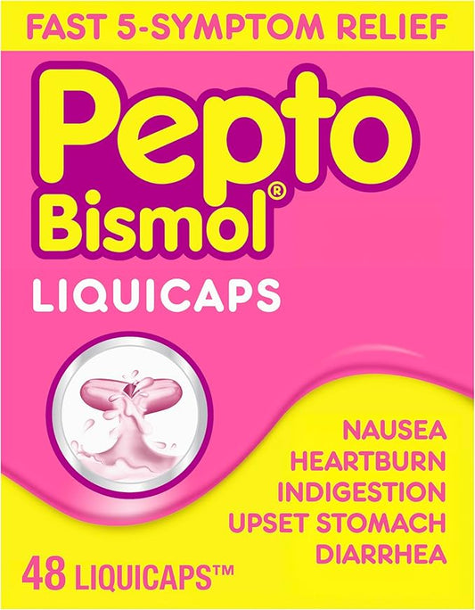 Pepto Bismol Liquicaps, Upset Stomach Relief, Bismuth Subsalicylate, Multi-Symptom Relief of Gas, Nausea, Heartburn, Indigestion, Upset Stomach, Diarrhea, 48 Liquicaps