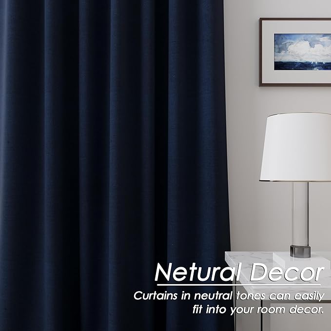 100% Black Out Curtains 108 Inches Long 2 Panels Set for Bedroom Navy Blue Linen Pinch Pleated Thermal Insulated Energy Efficient Blackout Curtains for Living Room High Ceiling Length 108 Inch 9 Ft