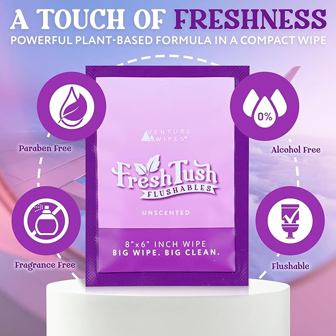 Venture Wipes FreshTush Flushables Unscented - Premium Quality Personal Cleansing Wipes - Gentle on Sensitive Skin - Hygienic & Portable - Ideal for On-The-Go and Daily Use - 30 Count