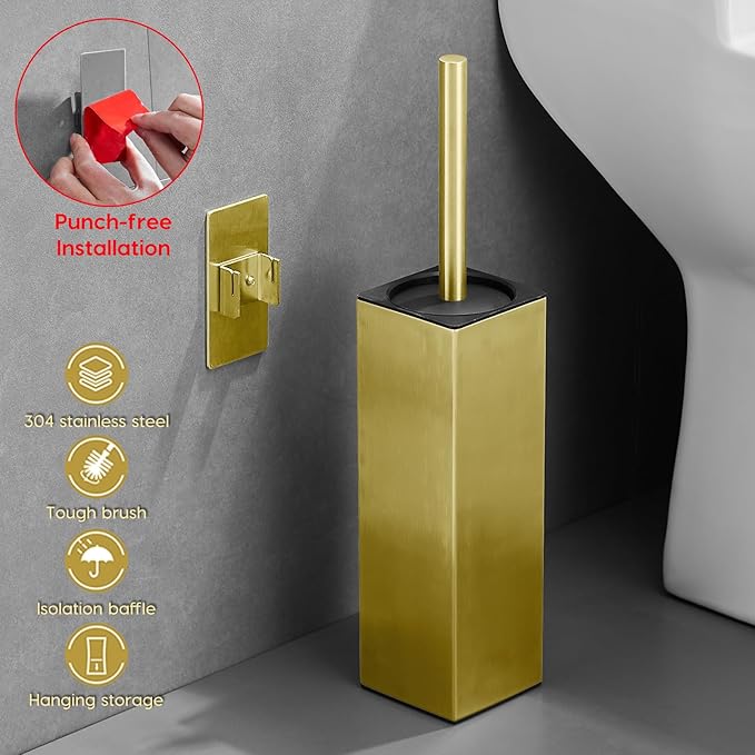 Brushed Gold Stainless Steel Toilet Brush, Square No-Punch Hook Base Toilet Brush Holder Removable Inner Bucket and Splash Proof Cover - Soft Bristles (Non-Drill Square Plastic caps Gold)