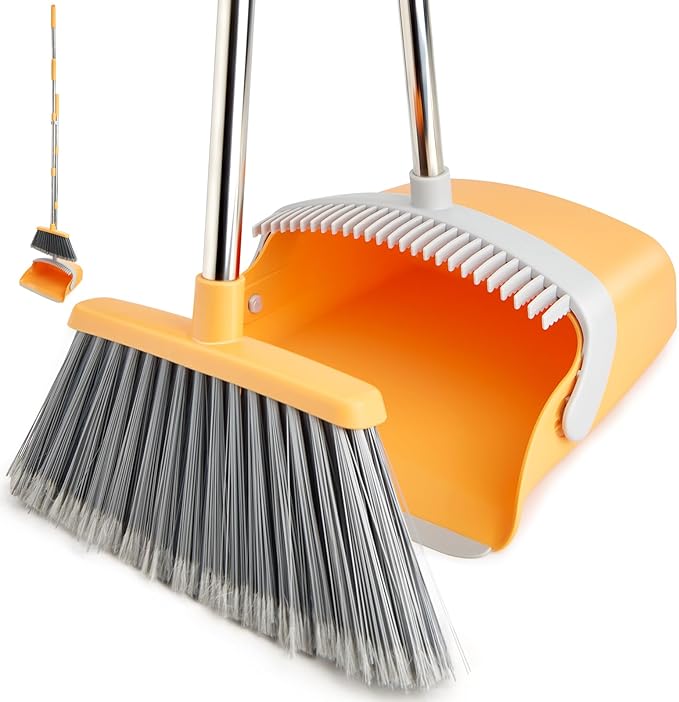 XXFLOWER Broom and Dustpan Set, Dustpans with Broom Combo for Home, Heavy Dust Dustpan and Broom Combo, Long Handle Dust Pan and Broom Set for Kitchen, Office, Pet Hair(Gray Yellow)
