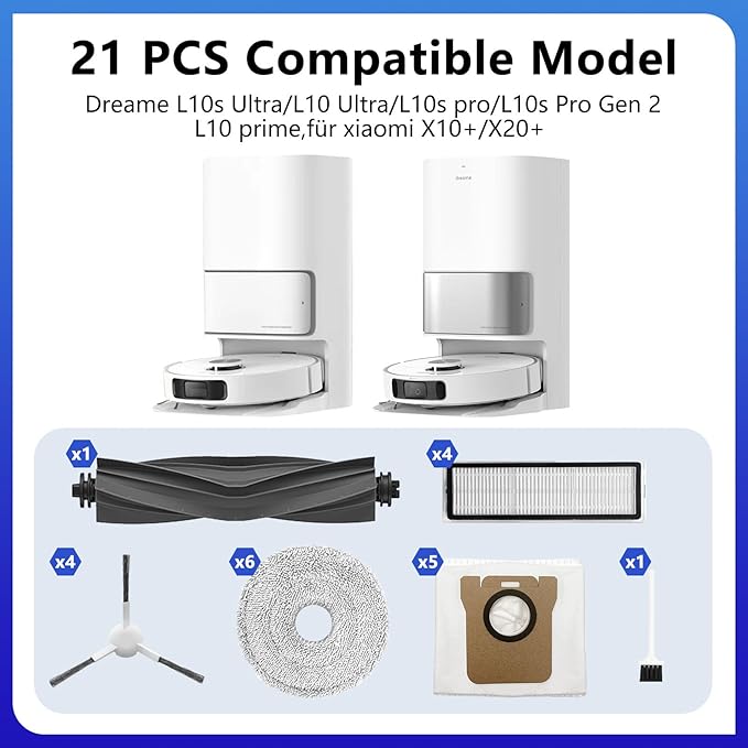 Replacement Part for Dreame L10 Ultra /L10s ultra /L10s pro/ L10s Pro Gen 2/ L10 prime; Xiaomi X10+/ X20+ Vacuum Cleaner,1Rubber Main Brush,6Mop Pads, 5Dust Bag,4Filters-iRobacc 21 PCS