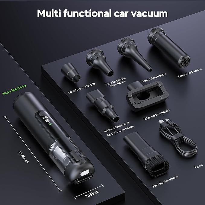 Portable Car Vacuum Cordless, 18000Pa 4-in-1 Suction Power Mini Vacuum Cleaner, 120W Brushless Motor Handheld Vacuum Cordless Rechargeable, 7800mAh Battery, LED Light, Multi-Nozzle for Car, Home, Pet