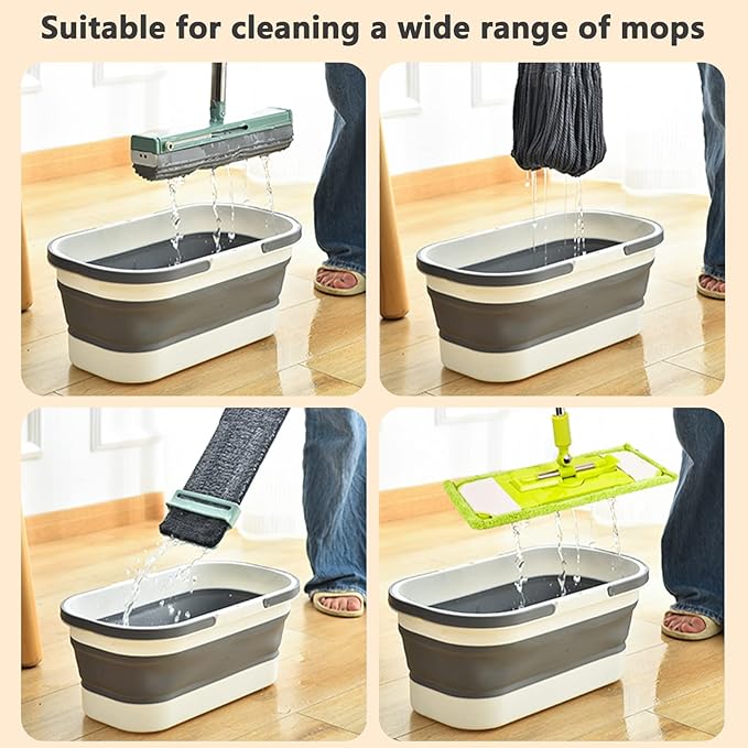 Collapsible Bucket with Wheels 14L (3.7 Gallon) - Versatile and Durable for House Cleaning, Camping, and RV - Convenient Rectangular Mop Cleaning Basket - Lightweight & Compact (14L-Grey)