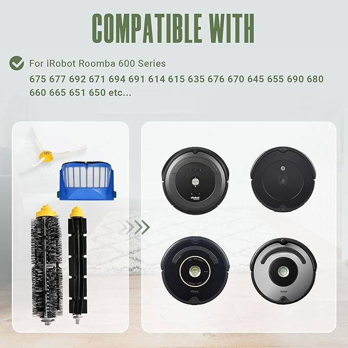 VacEssentials Replacement Parts Accessories Kit for iRobot Roomba 675 694 692 614 670 677 671 691 676 639 679 615 600 Series Robot Vacuum Attachment, 1 Bristle Brush, 6 Side Brush, 4 Filter