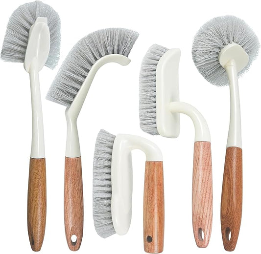 Attoshow 5-Pack Heavy Duty Scrub Brushes Set with Wooden Handles, Multi-Surface Scrubber for Kitchen, Bathroom, Tile & Grout, Includes Spherical, Triangle, Square & Dish Brush for Stubborn Stains