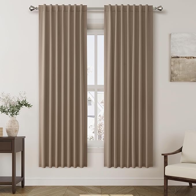 Nanspring Tan Green Linen Blackout Curtains 72 inch Length for Living Room Boho Farmhouse Back Tab Rod Pocket Thermal Insulated Textured Living Room Blackout Curtains 2 Panels Set 52x72 Inch