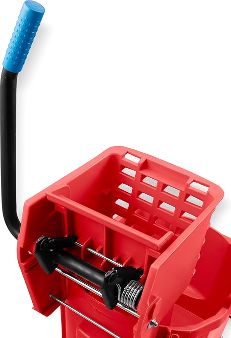 Carlisle FoodService Products 26-Quart Commercial Mop Bucket with Side-Press Wringer, Precision-Molded Polypropylene, Durable Wringer, Bucket with Non-Marking Casters, 18.5 x 16.5 x 23 Inches, Red