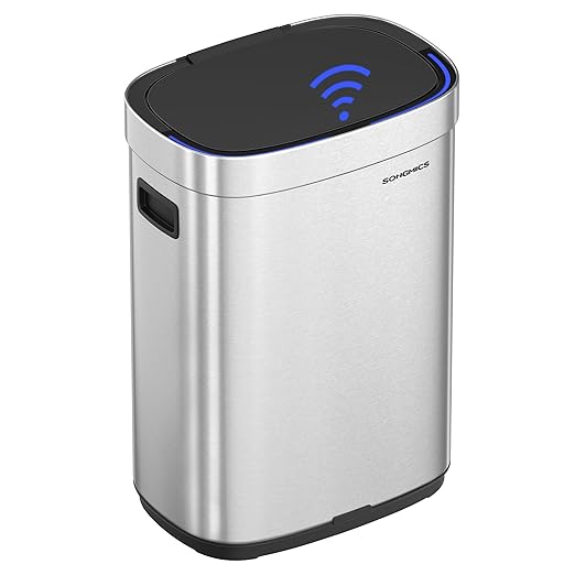 SONGMICS Kitchen Trash Can, 17.2-Gallon (65 L) Motion Sensor Garbage Can, Stainless Steel Trash Bin, Ozone Odor Control, Stay-Open, Metallic Silver ULTB660E01