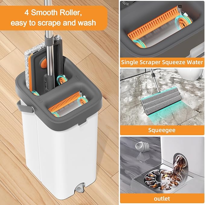 MUEE Mop and Bucket with Wringer Set for Home, Flat Mop and Bucket Set for Floor Cleaning and Window Wall Cleaner, Wet and Dry Mop with Long Handle and 3 Microfiber Pads