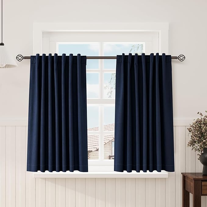 Nanspring Navy Blue 100% Blackout Kitchen Curtains Back Tab Rod Pocket Thermal Insulated Textured Short Blackout Curtains 2 Panels Set 52x54
