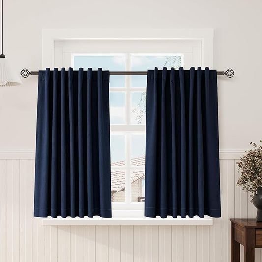 Nanspring Navy Blue 100% Blackout Kitchen Curtains Back Tab Rod Pocket Thermal Insulated Textured Short Blackout Curtains 2 Panels Set 52x54