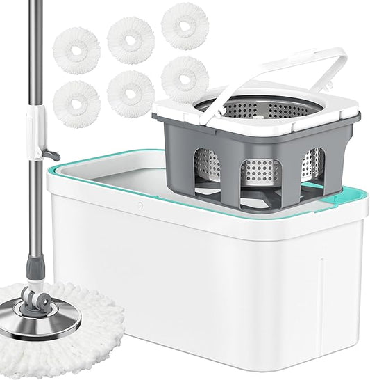 Spin Mop and Bucket Set Non-Tilting 5-Gallon Mop Bucket with Wringer Mops for Floor Cleaning + Extra 6PC Mop Heads, Detachable Splash Guard Spin Basket, Extendable Silent Telescopic Handle