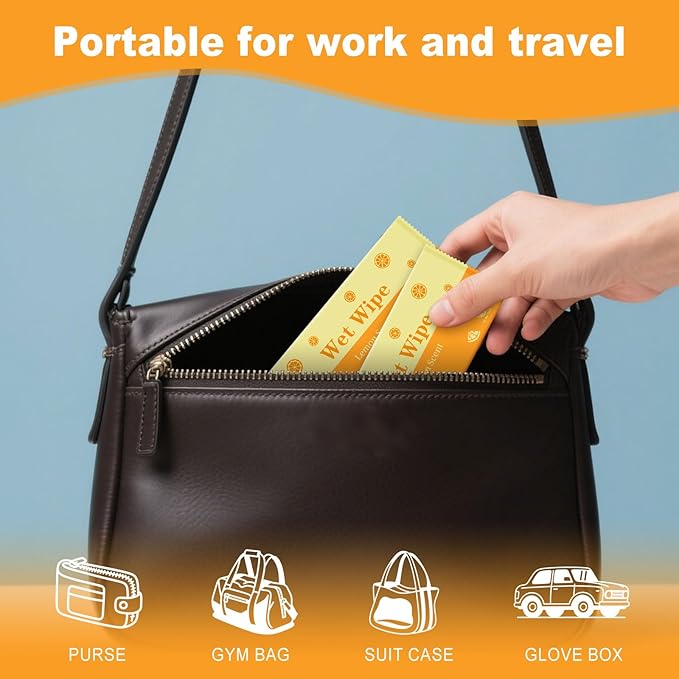 Hand Wipes Travel Size, 100 Pcs Wet Wipes Individually Wrapped for Barbecue, Seafood Boil Party, Restaurant, Lemon Scent
